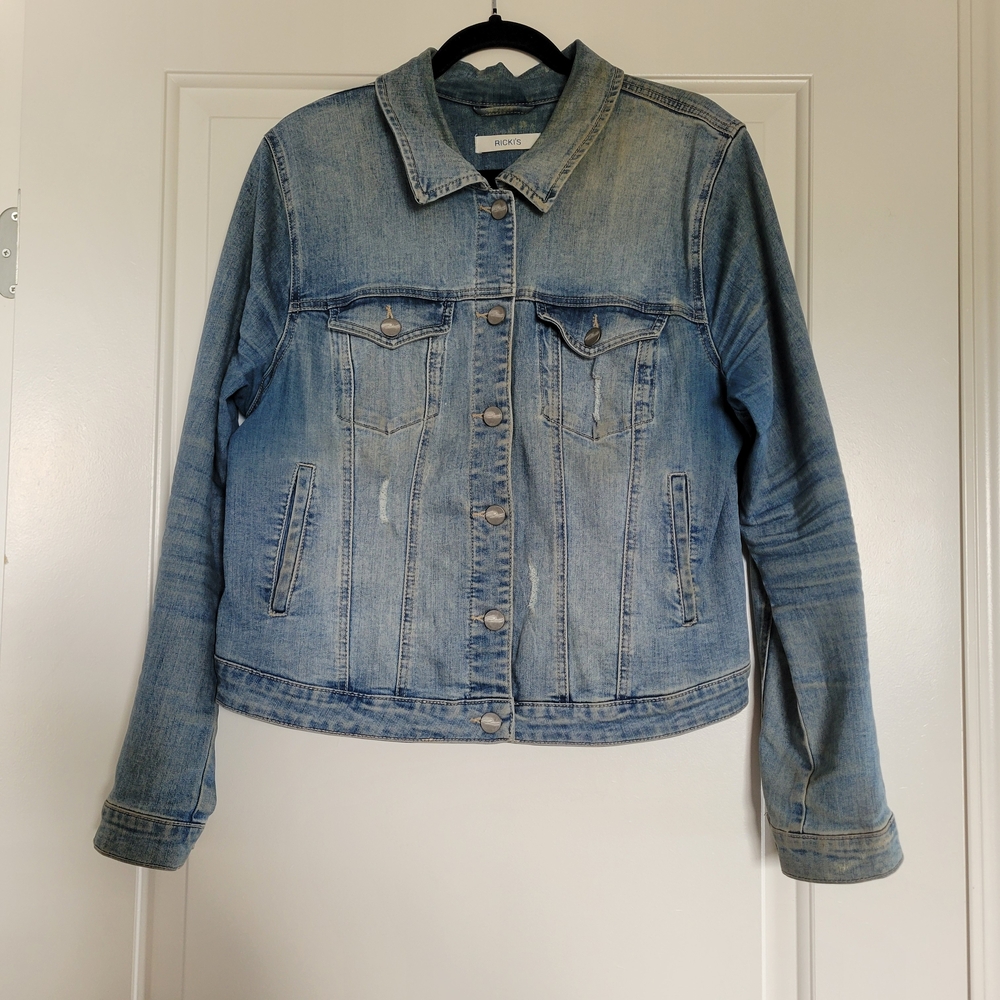 Ricki's Cool Weather Lightly Distressed Light Blue Jean Jacket Silver Buttons